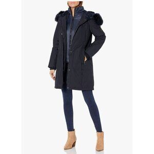 1 Madison Womens Med Winter Parka Black Faux Fur Lined Coat Hooded Insulated